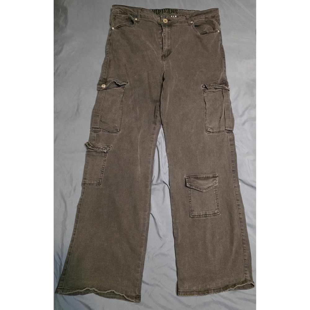 VIP Jeans Womens 17/33 Black Wide Leg Cargo Jeans Y2K Multi Pocket Distressed